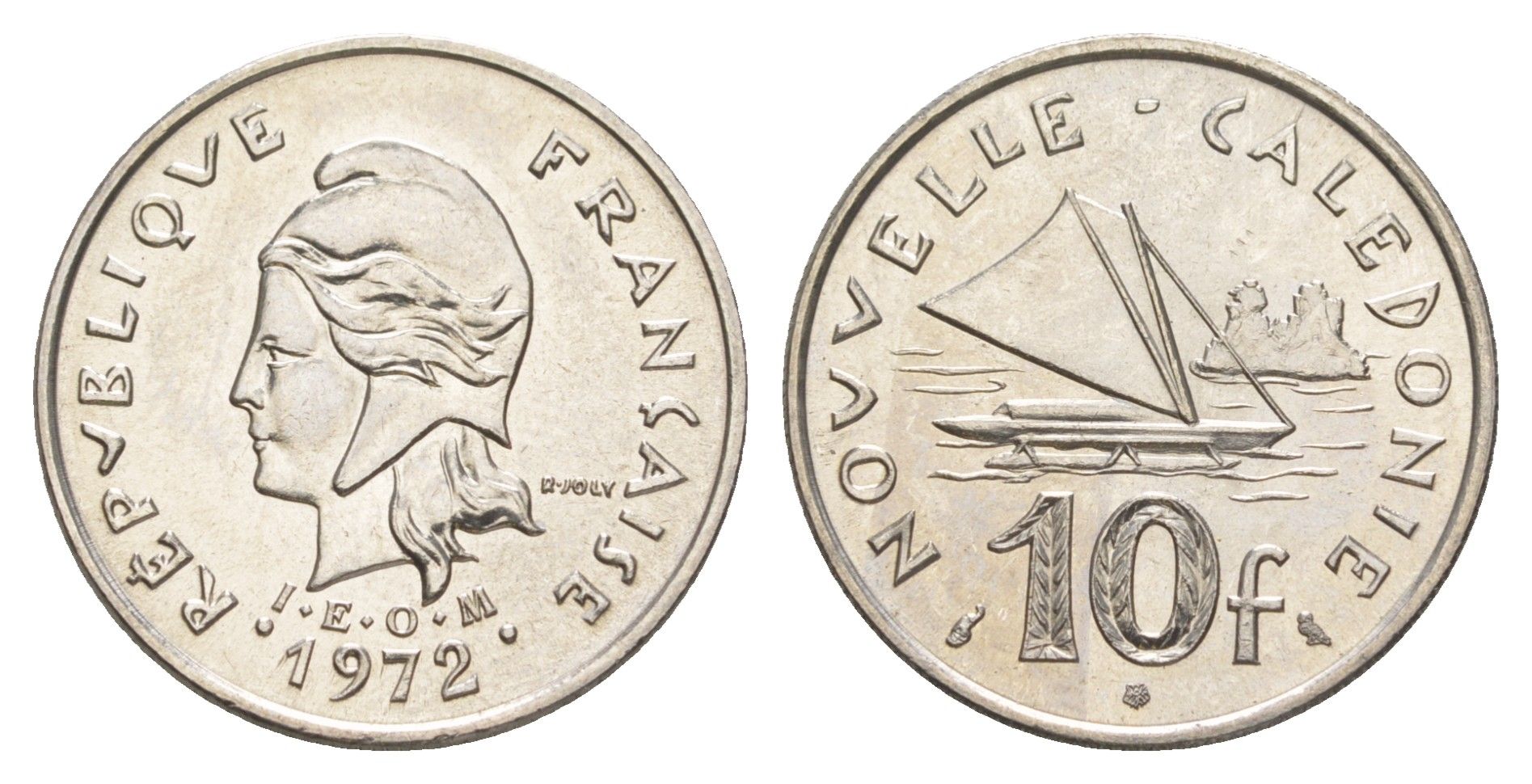Французская Новая Каледония 10 франков 1972 лодка KM 11 никель UNC 4641-211
