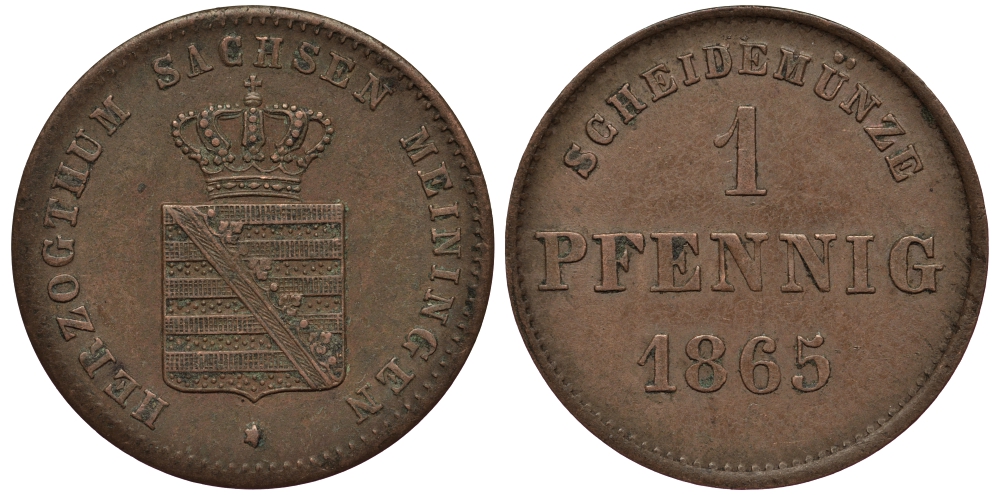 САКСЕН-МАЙНИНГЕН 1 ПФЕННИГ 1865 KM 170, Jaeger 447, AKS 218 медь 00-00