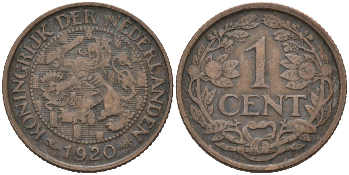 Нидерланды 1 цент 1920 Вильгельмина (1890-1948) KM 152 бронза 4576-727