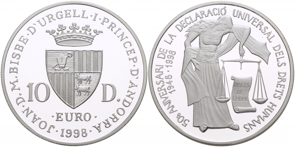 Андорра 10 динеров 1998 50 лет подписанию декларации по правам человека KM 143 серебро PROOF 1068-5-33