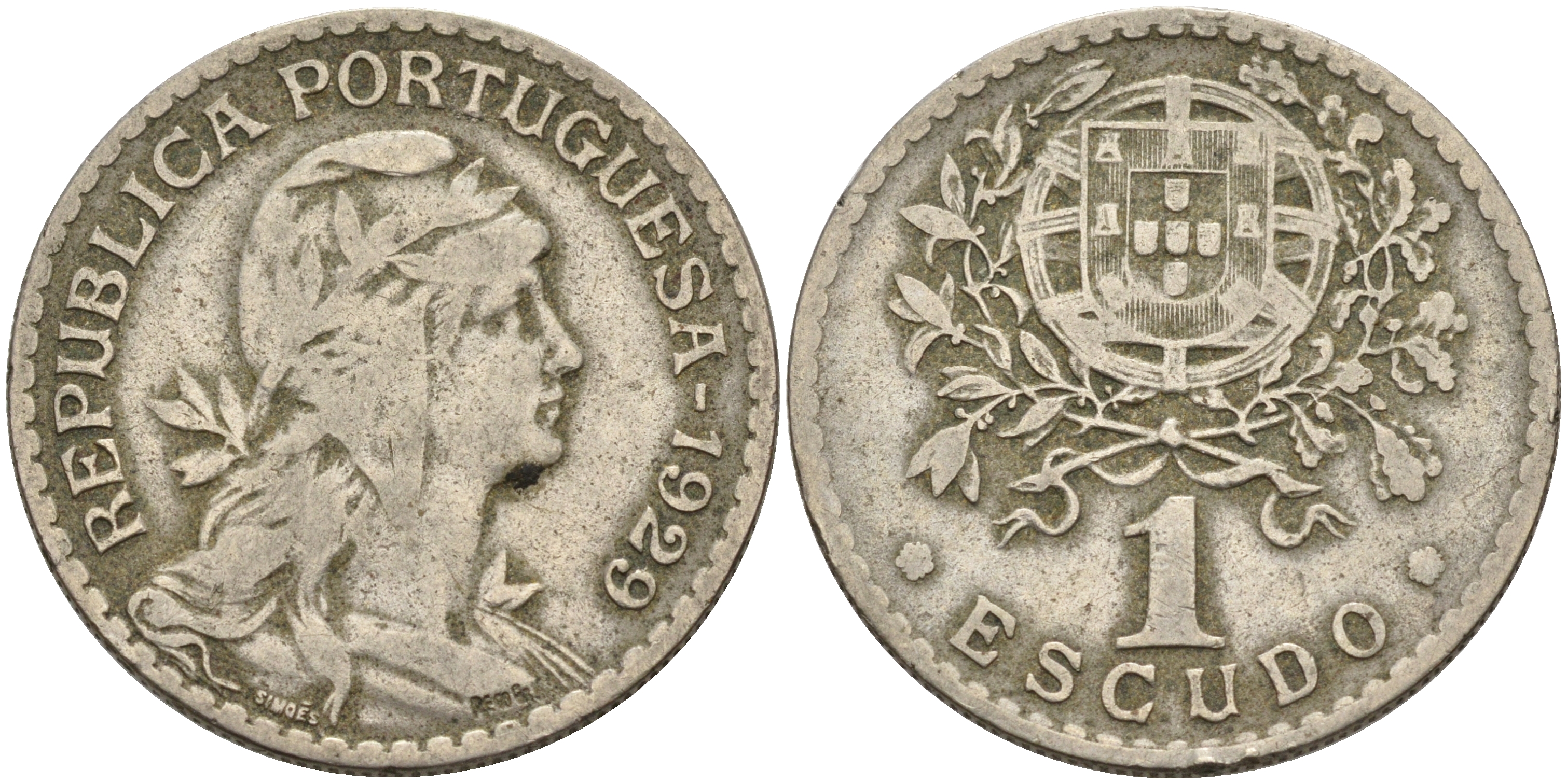 ПОРТУГАЛИЯ 1 ЭСКУДО 1929 ГОЛОВА СВОБОДЫ ВПРАВО KM 578 медно-никель 4563-1017