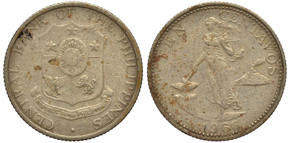 ФИЛИППИНЫ 10 СЕНТИМО 1966 KM 188 медь цинк никель VG 4181-316