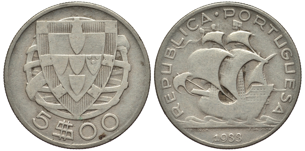 ПОРТУГАЛИЯ 5 ЭСКУДО 1933 ПАРУСНИК KM 581 серебро 1527-423