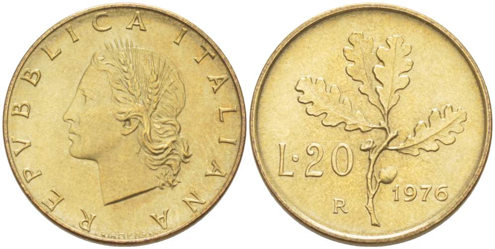 ИТАЛИЯ 20 ЛИР 1976 R, ДУБОВЫЙ ЛИСТ KM 97.2 алюминиевая бронза 4523-645