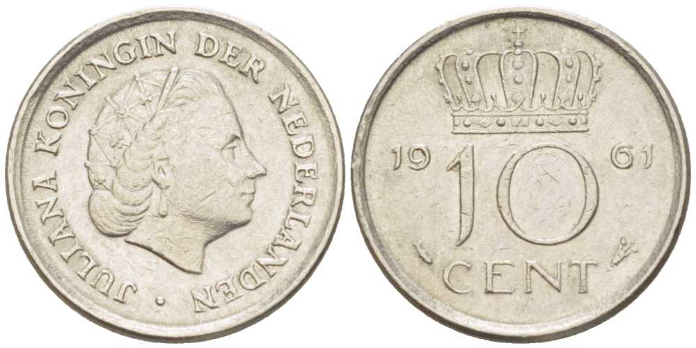 НИДЕРЛАНДЫ 10 ЦЕНТОВ 1961 ЮЛИАНА (1948-1980) KM 182 никель 214-1158