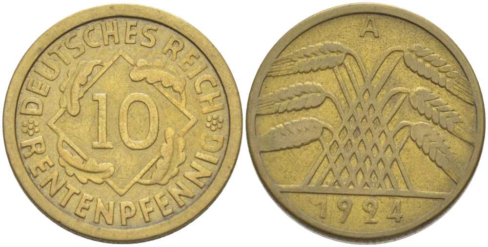ГЕРМАНИЯ 10 РЕНTЕНПФЕННИГОВ 1924 A KM 33, J. 309, Weege 8 алюминиевая бронза 210-322