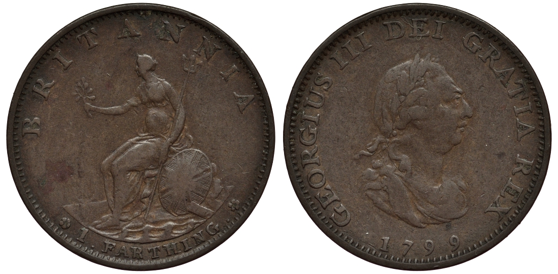 Великобритания 1 фартинг 1799 Георг III (1760-1820) KM 646, Spink 3779 медь 1523-845