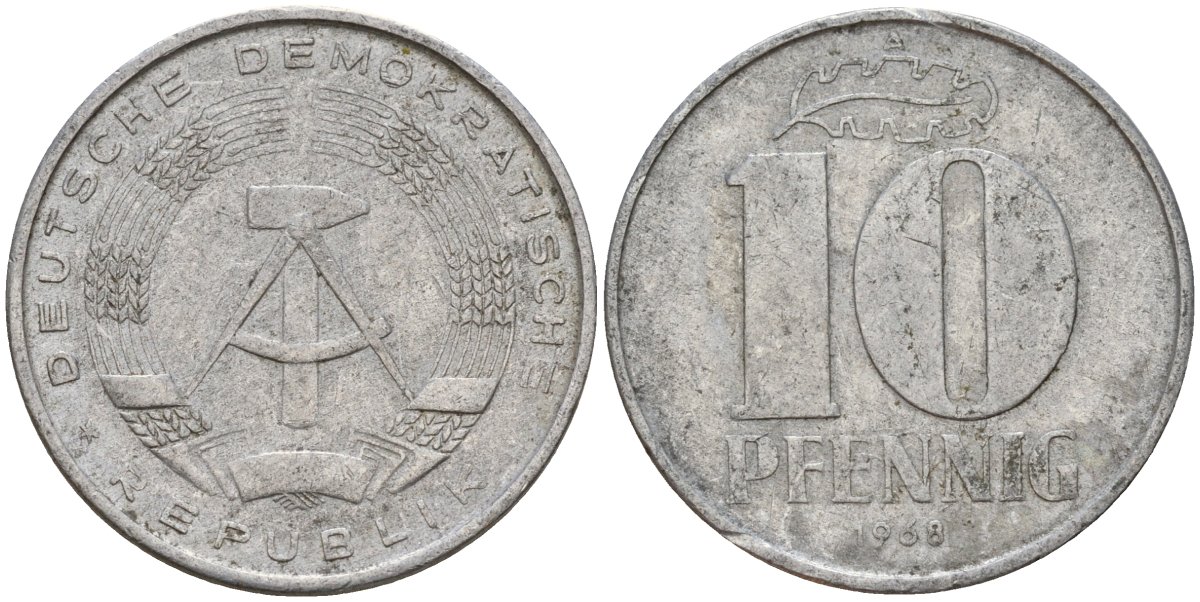 ГДР 10 пфеннигов 1968 A KM 10 алюминий 55-133