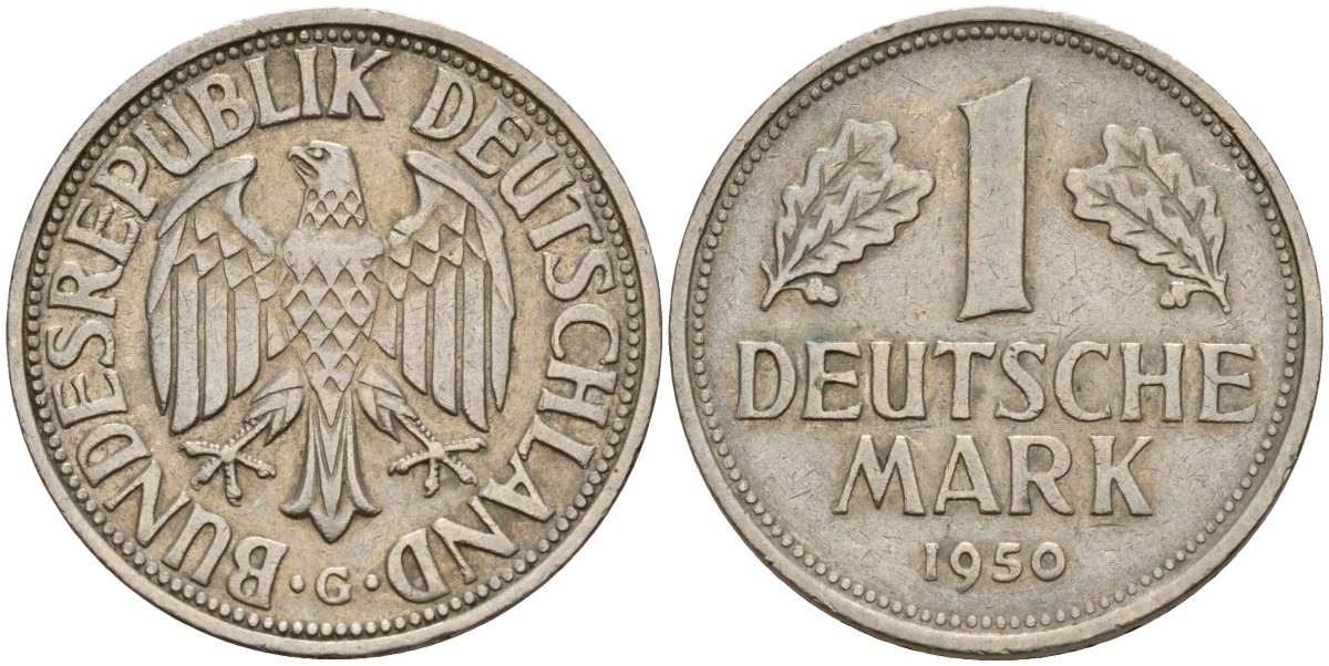 ФРГ 1 марка 1950 G KM 110, J. 385 медно-никель 4159-1026