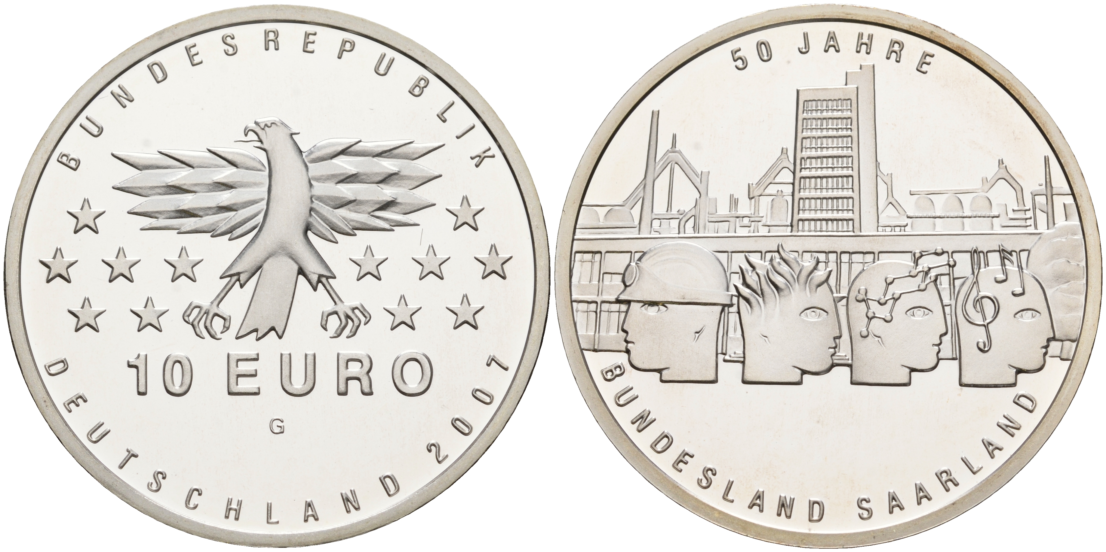 ФРГ 10 евро 2007 G, 50 лет вхождения Саара в ФРГ KM 263, DE.S.10.29 серебро PROOF 1076-3-64