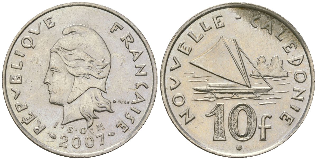 Французская Новая Каледония 10 франков 2007 рыбачья парусная лодка, (IEOM) KM 11a, Schoen 13a, Lec 99k медно-никель 56-634