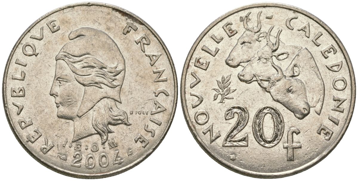 Французская Новая Каледония 20 франков 2004 три быка, (IEOM) KM 12, Schoen 14, Lec 115h никель 81-646