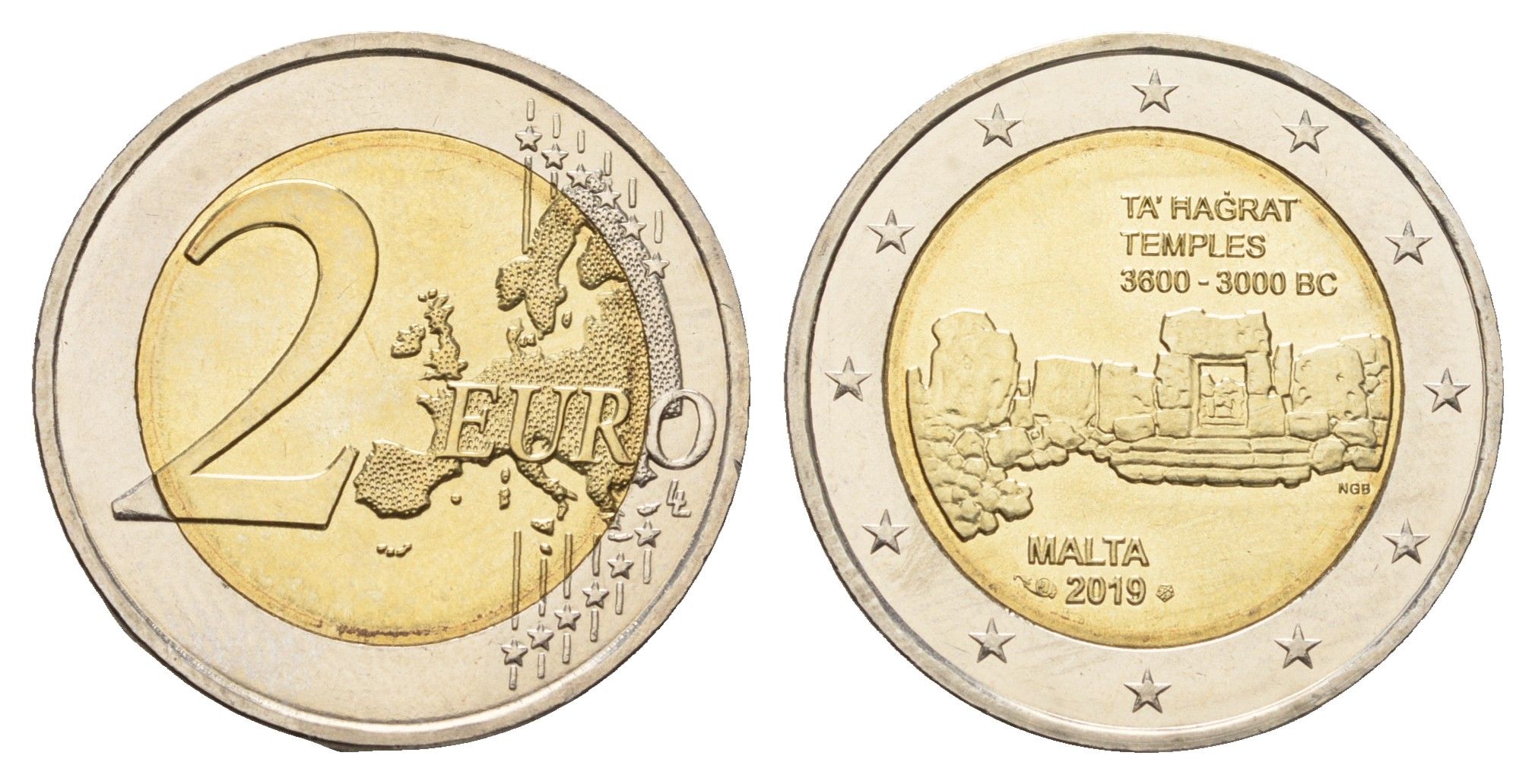 Мальта 2 евро 2019 p, Доисторические места Мальты - Храм Та’ Хаджрат KM 202 биметалл BU 68-536