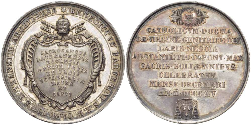 ВАТИКАН МЕДАЛЬ 1855 ПАПА БЕНЕДИКТ БАРБЕРИНИ, НАДПИСЬ НА ЩИТЕ (СВЯТЕЙШАЯ ЛАТЕРАНСКАЯ ЦЕРКОВЬ, МАТЬ И ГЛАВА ВСЕХ ЦЕРКВЕЙ ГОРОДА И МИРА), ДИАМЕТР 43,5 ММ., МЕДАЛЬЕР PASIMATI серебро 1084-2-21