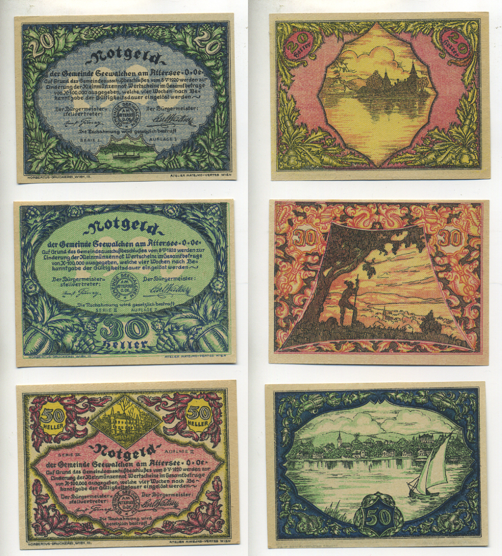 Австрия набор из 3 банкнот 1920 8 мая 1920, нотгельд, 20, 30, 50 геллеров, ATTERSEE O. OE, второй выпуск   бумага  aUNC  7555-5-3-2