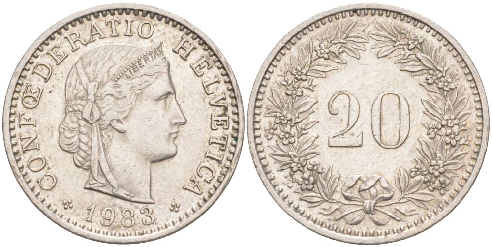 ШВЕЙЦАРИЯ 20 РАППЕНОВ 1983 KM 29a медно-никель 55-1014