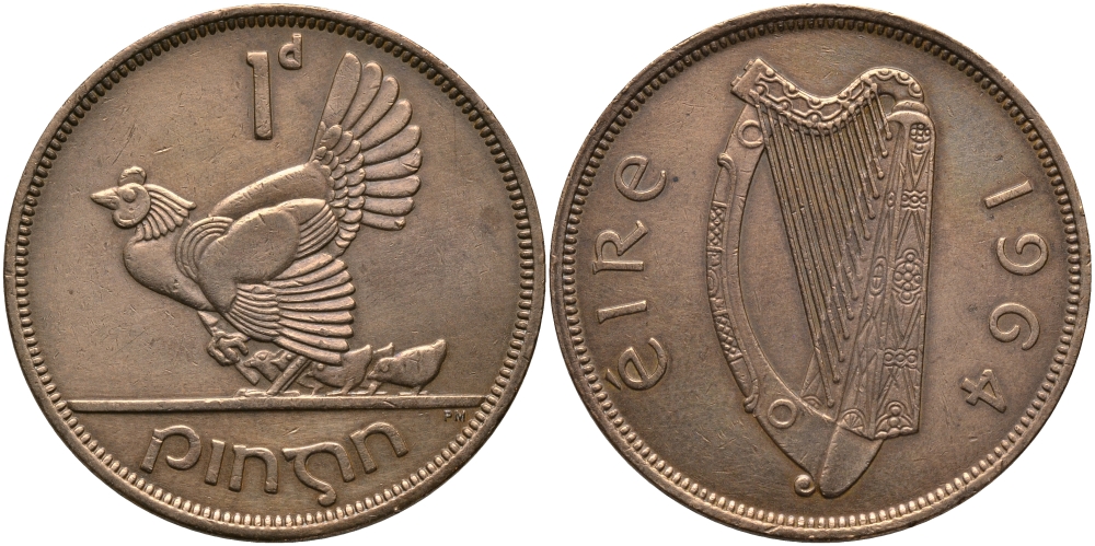 ИРЛАНДИЯ 1 ПЕННИ 1964 КУРИЦА С ЦЫПЛЯТАМИ KM 11 бронза 3457-236