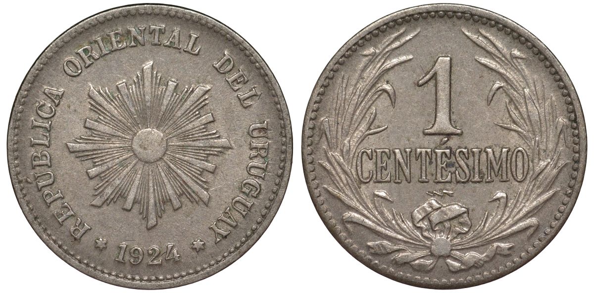 Уругвай 1 сентесимо 1924 KM 19 медно-никель 4169-642