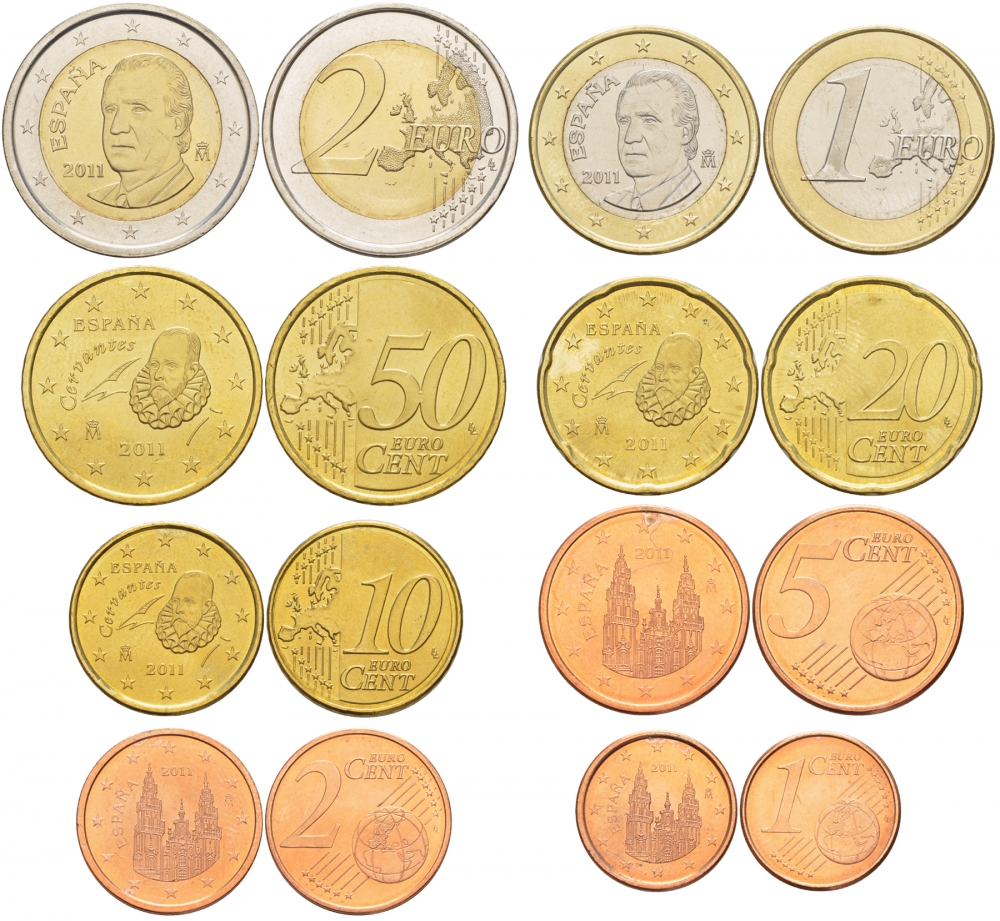 Испания евронабор из 8 монет 2011 1, 2, 5, 10, 20, 50 евроцентов, 1 и 2 евро KM 1040, 1041, 1042, 1070, 1071, 1072, 1073, 1074 N6-13