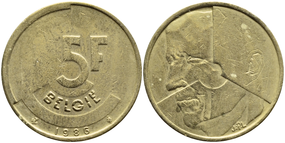 БЕЛЬГИЯ 5 ФРАНКОВ 1986 BELGIE KM 164 латунь или алюминевая бронза 4110-1035