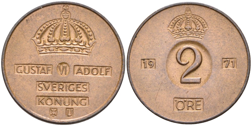 Швеция 2 эре 1971 U, Густав VI Адольф (1950-1973) KM 821 бронза 4364-1435