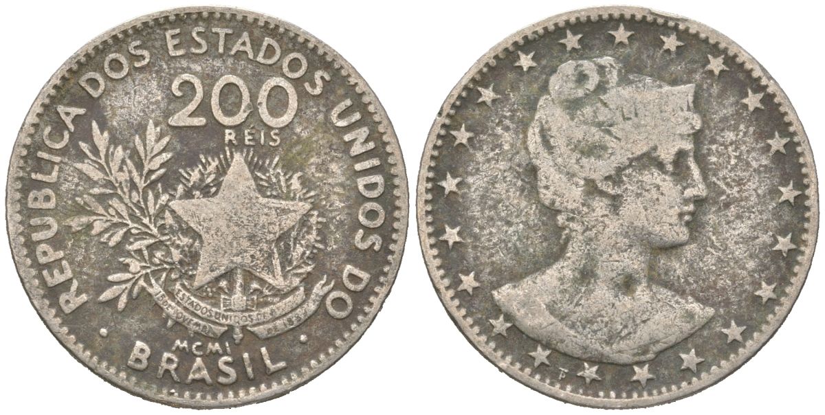 Бразилия 200 реалов 1901 MCMI, голова свободы вправо KM 504 медно-никель 4612-226