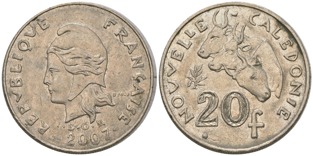 Французская Новая Каледония 20 франков 2007 три быка, (IEOM) KM 12a, Schoen 14a медно-никель 4131-835