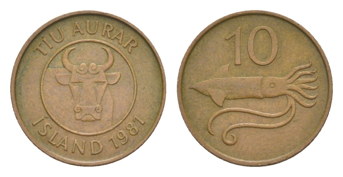 Исландия 10 эйре 1981 кальмар KM 25 бронза 4632-434