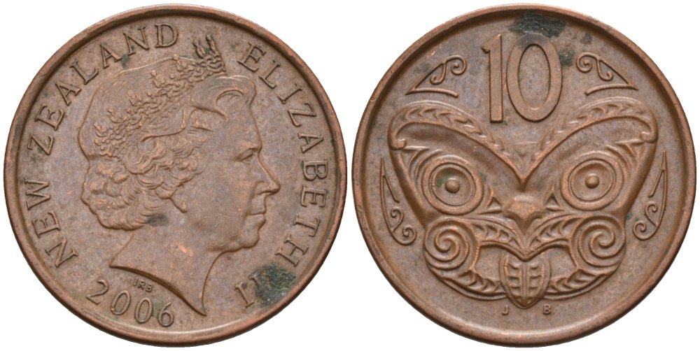 Новая Зеландия 10 центов 2006 маска Маори, Елизавета II (1952-) KM 117а сталь плакированная медью 186-1211