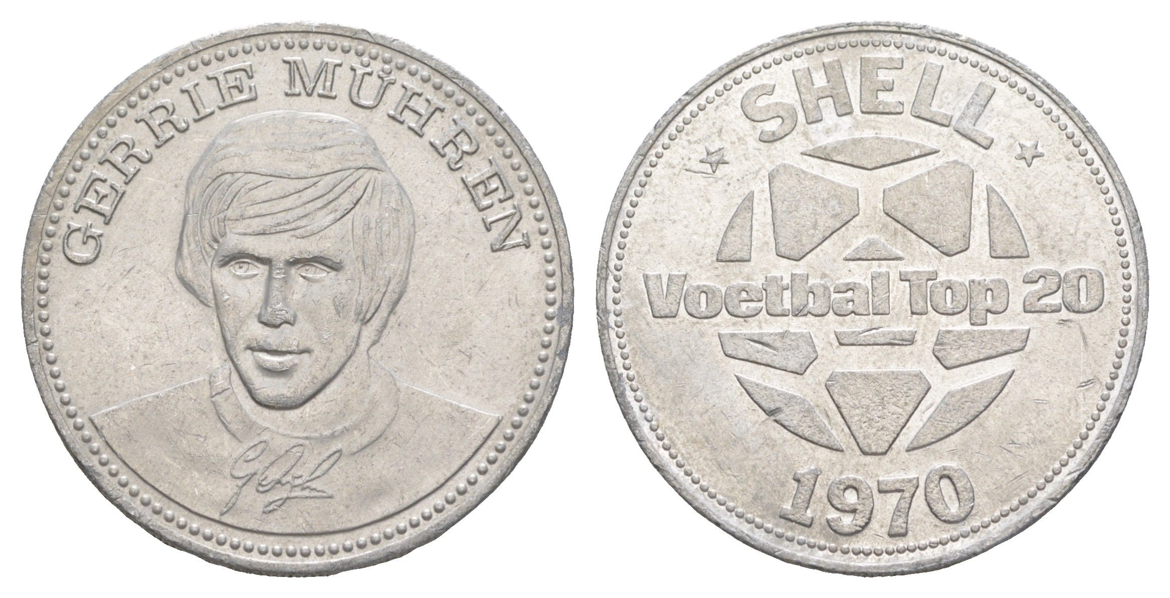 Нидерланды жетон Shell - Чемпионат мира по футболу 1970 года - сборная Голландии - Герри Мюрен 1970 диаметр 30 мм, вес 3,3 гр алюминий 4175-647