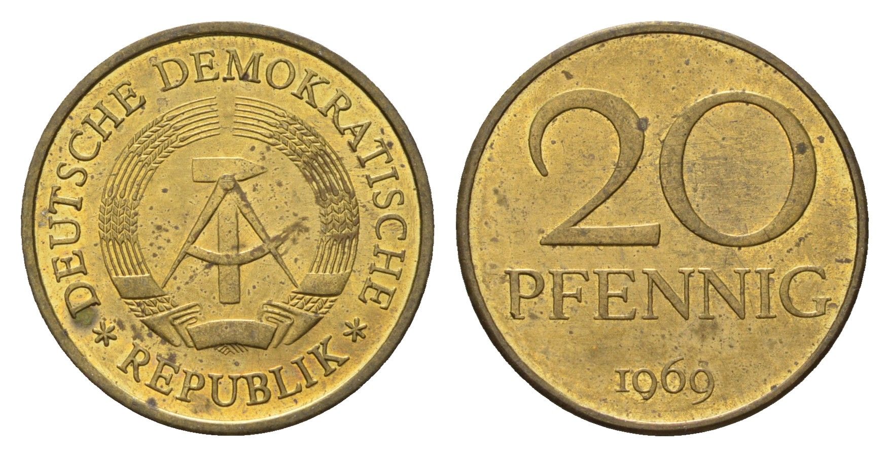 ГДР 20 пфеннигов 1969 KM 11 латунь UNC 4695-1033