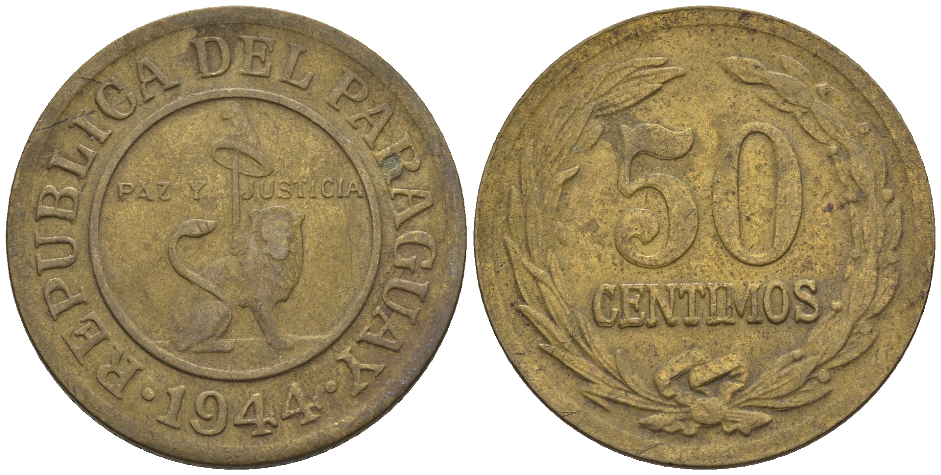 Парагвай 50 сентимо 1944 лев, фригийский колпак на шесте KM 24 алюминиевая бронза    4177-942