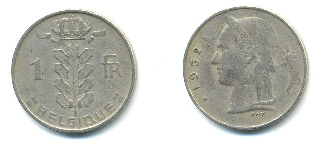 БЕЛЬГИЯ 1 ФРАНК 1962 BELGIQUE KM 142.1 медно-никель 86-1332
