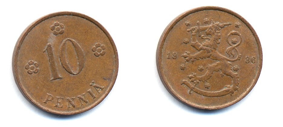 Финляндия 10 пенни 1936 республика (1918-1962) KM 24 медь 51-5524