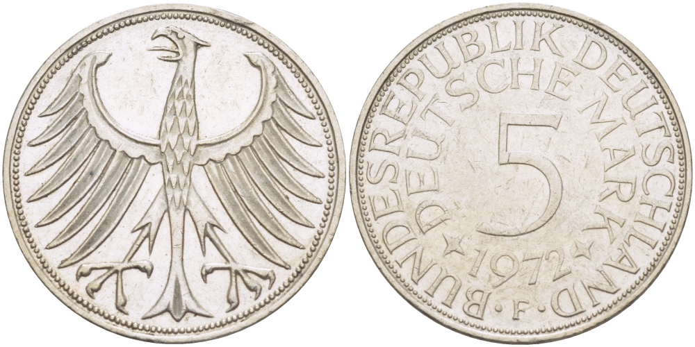 ФРГ 5 МАРОК 1972 F, J. 387, KM 112.1 серебро 3457-324
