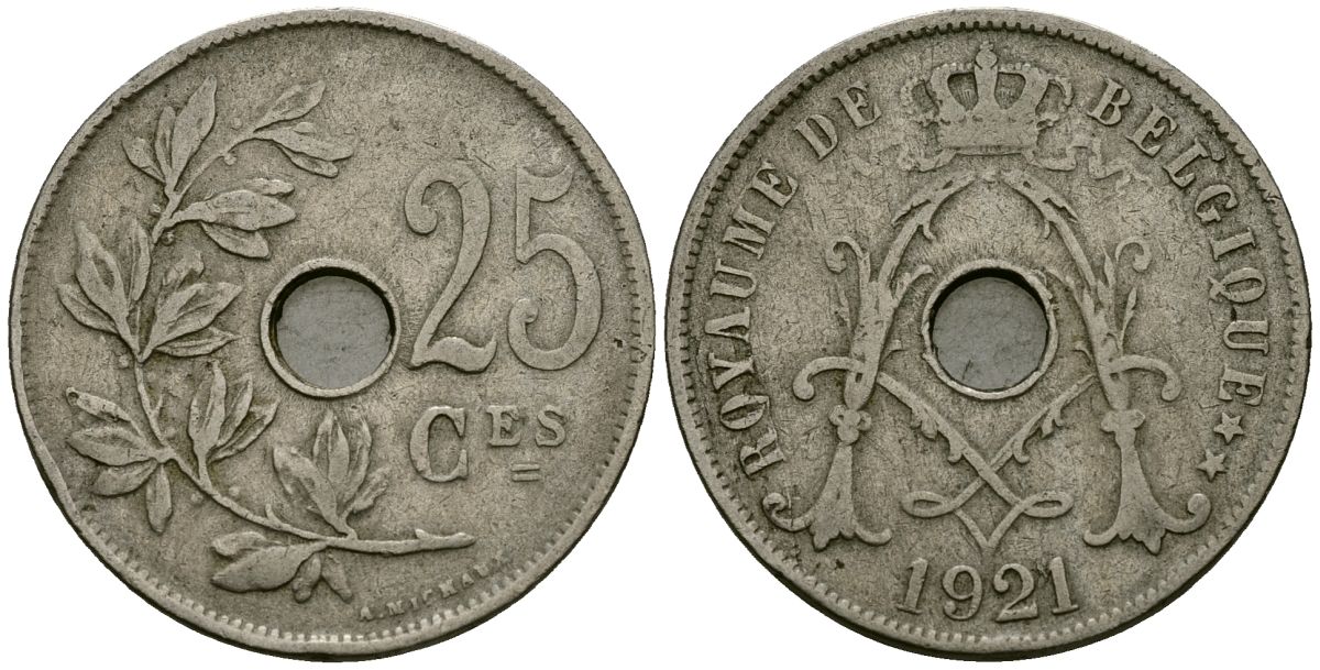 Бельгия 25 сантимов 1921 Belgique KM 68 медно-никель 4168-1226
