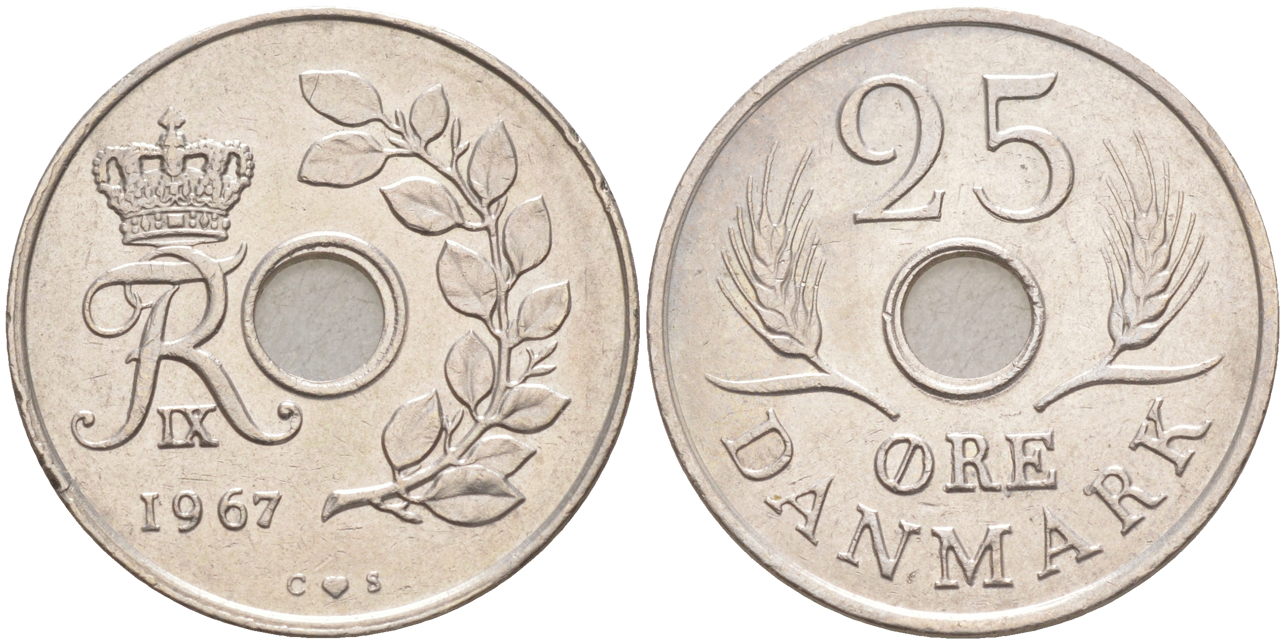 Дания 25 эре 1967 С; S, Фредерик IX (1947-1972) KM 855.1 медно-никель 106-232