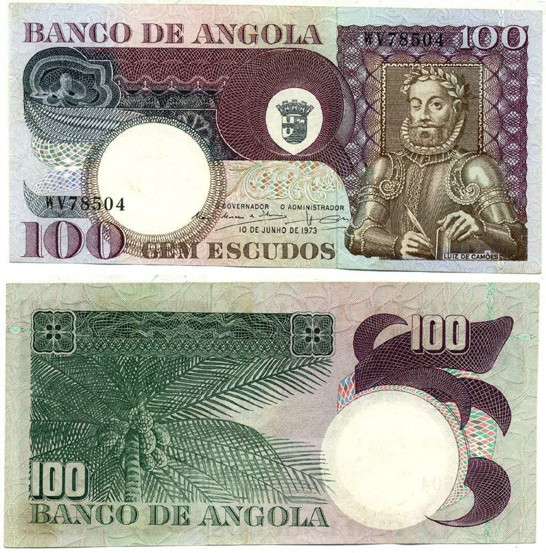 АНГОЛА 100 ЭСКУДО 1973 10 ИЮНЯ 1973, ЛУИС де КАМОЭНС, ПОДПИСЬ 10, СМЕЩЕНИЕ ОБРЕЗА Pick 106 бумага аUNC 7217-48-2