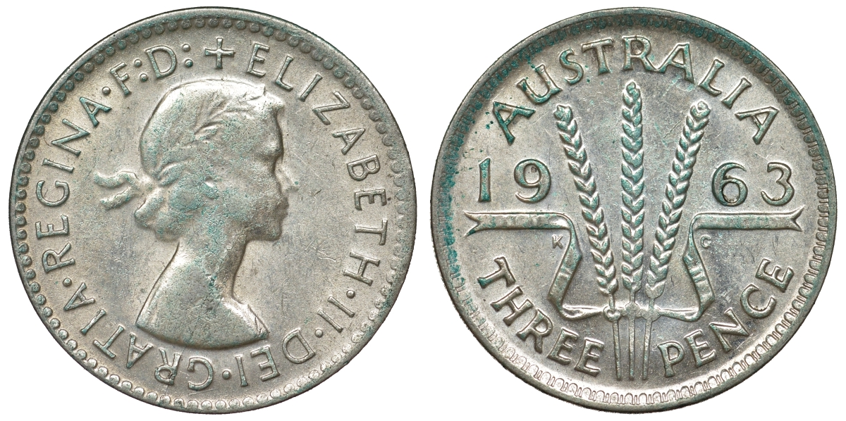 Австралия 3 пенса 1963 m, Елизавета II (1952-2022) KM 57 серебро 71-858