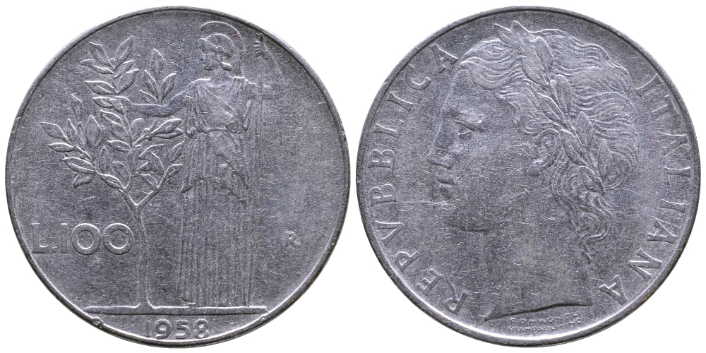 ИТАЛИЯ 100 ЛИР 1958 R, АФИНА KM 96.1 сталь 3334-934