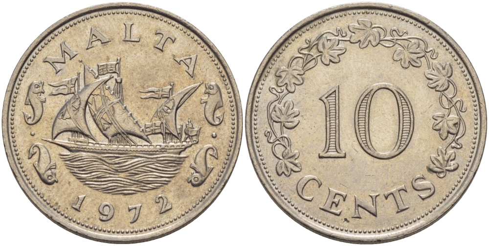 Мальта 10 центов 1972 баржа Великого магистра KM 11 медно-никель 82-613