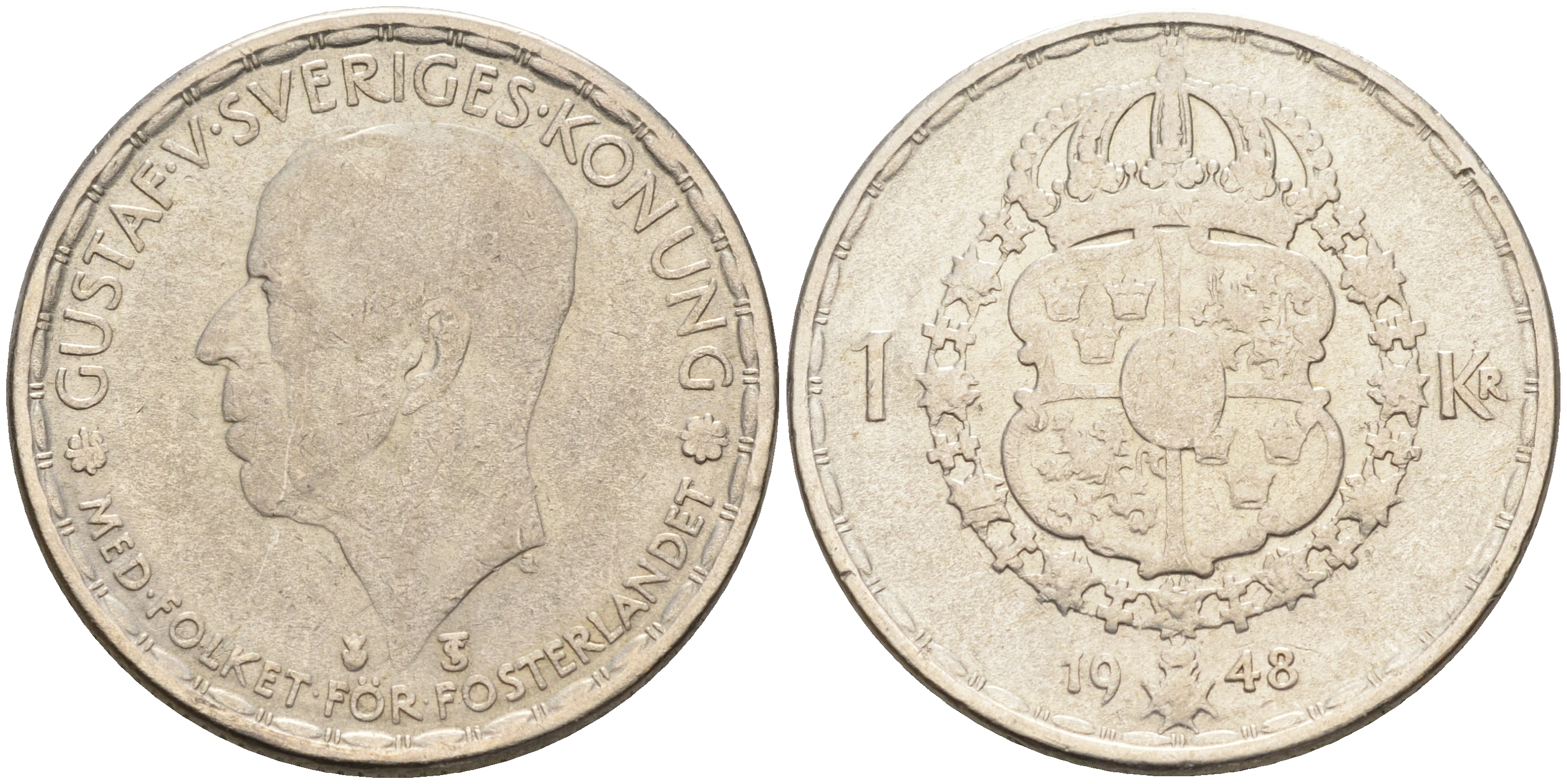 Швеция 1 крона 1948 TS, Густав V (1907-1950) KM 814 серебро 4589-851