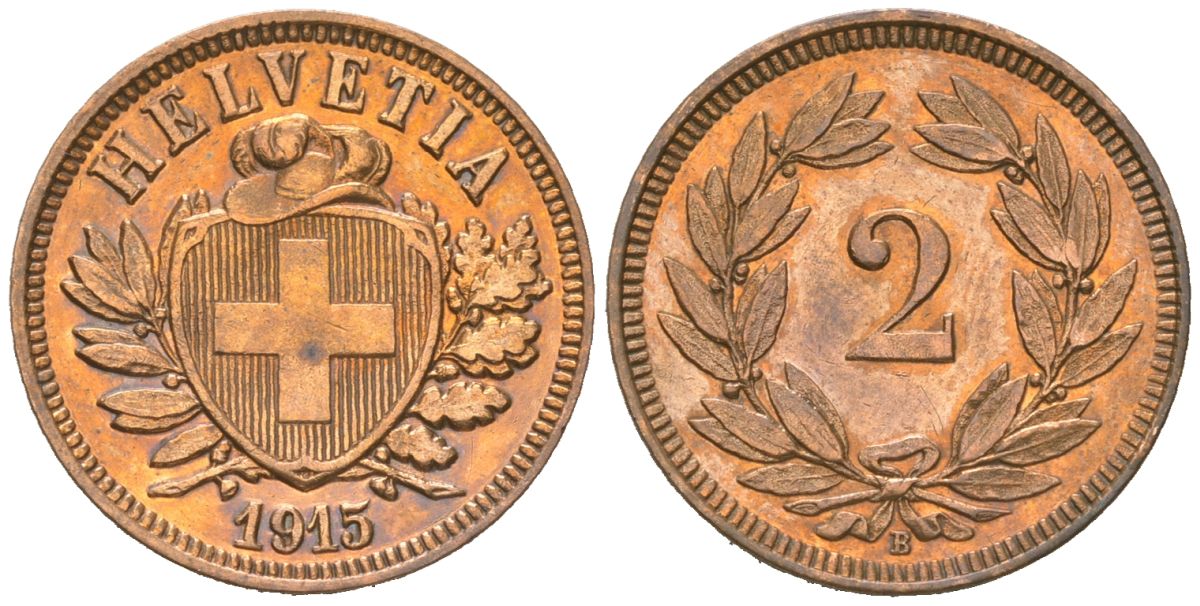 Швейцария 2 раппена 1915 B KM 4 бронза 4189-543