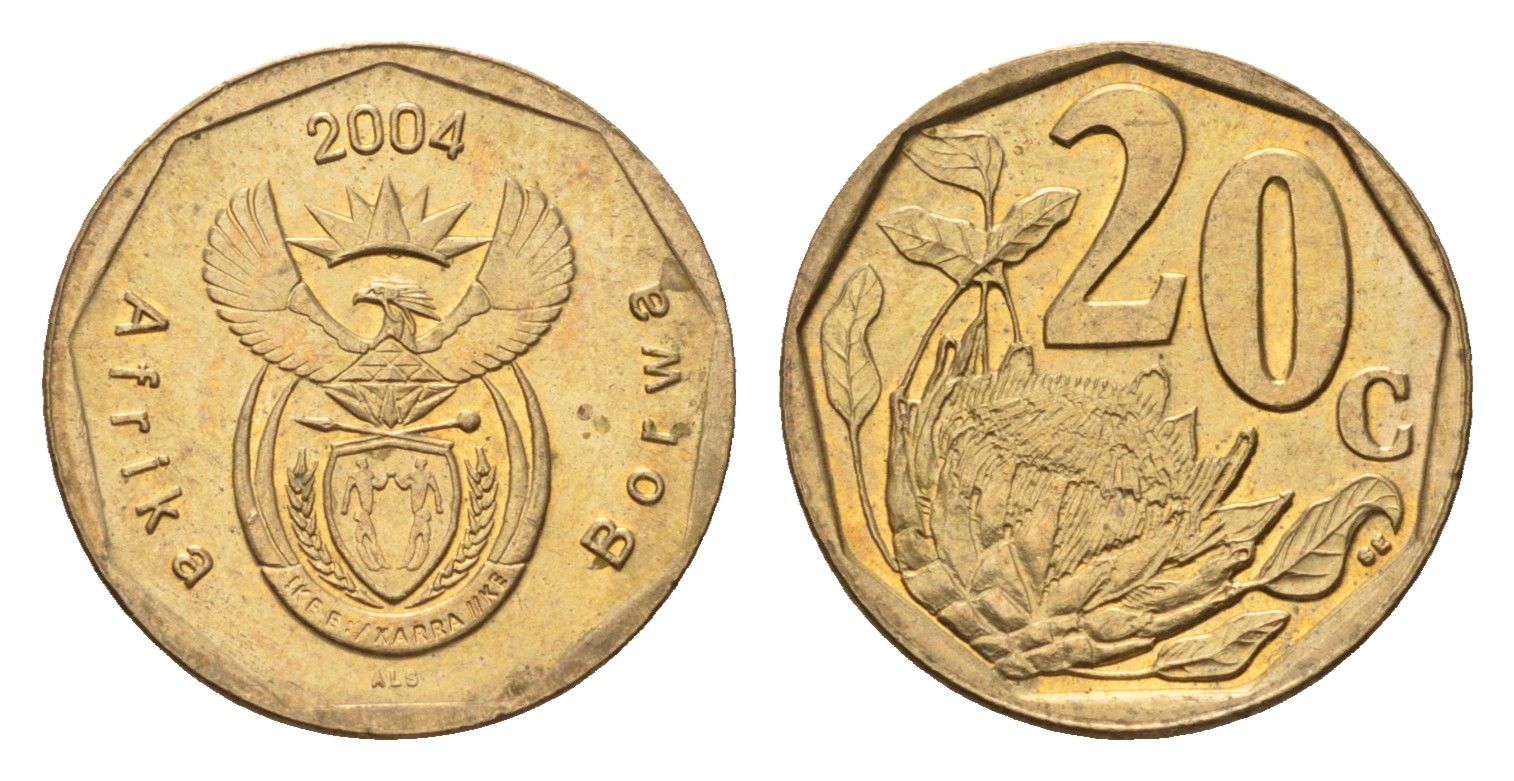 ЮАР 20 центов 2004 герб, цветок протея KM 328 сталь плакированная бронзой UNC 4687-561