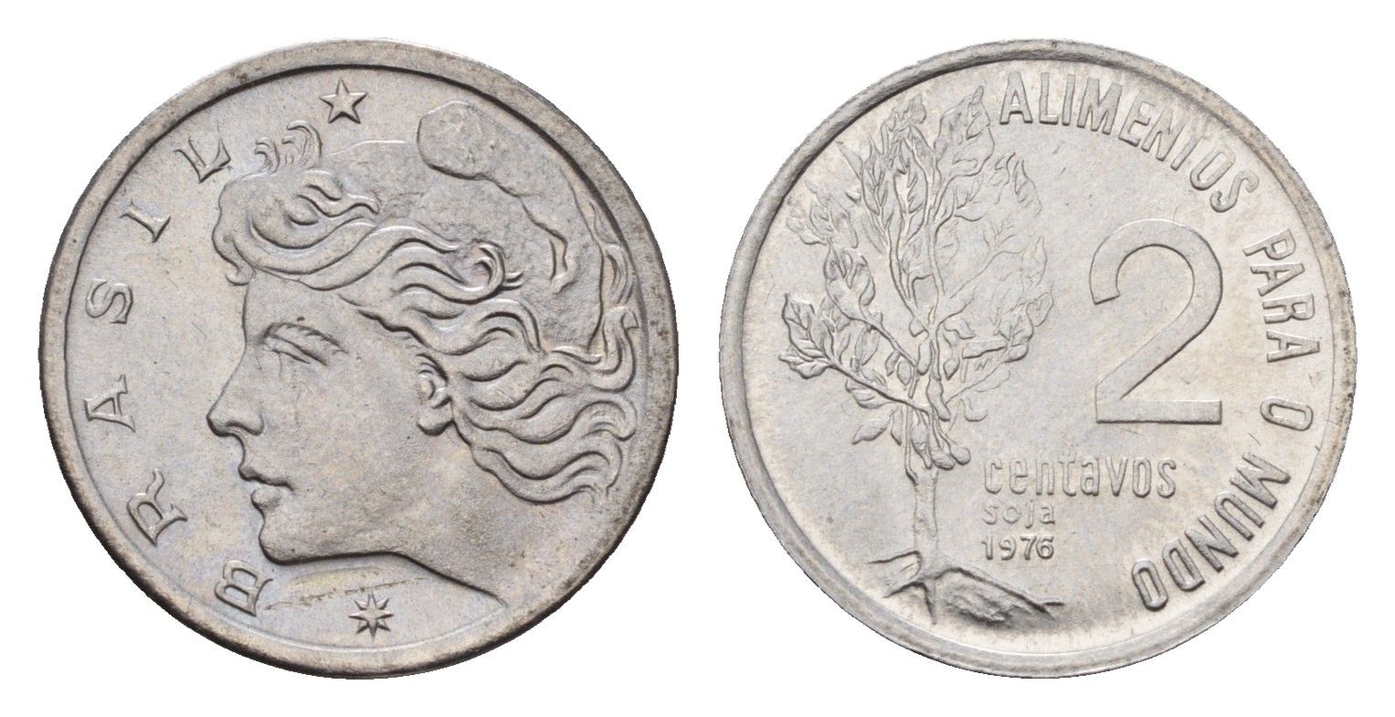 Бразилия 2 сентаво 1976 ФАО - Соя, редкий год KM 586 нержавеющая сталь UNC 4685-825