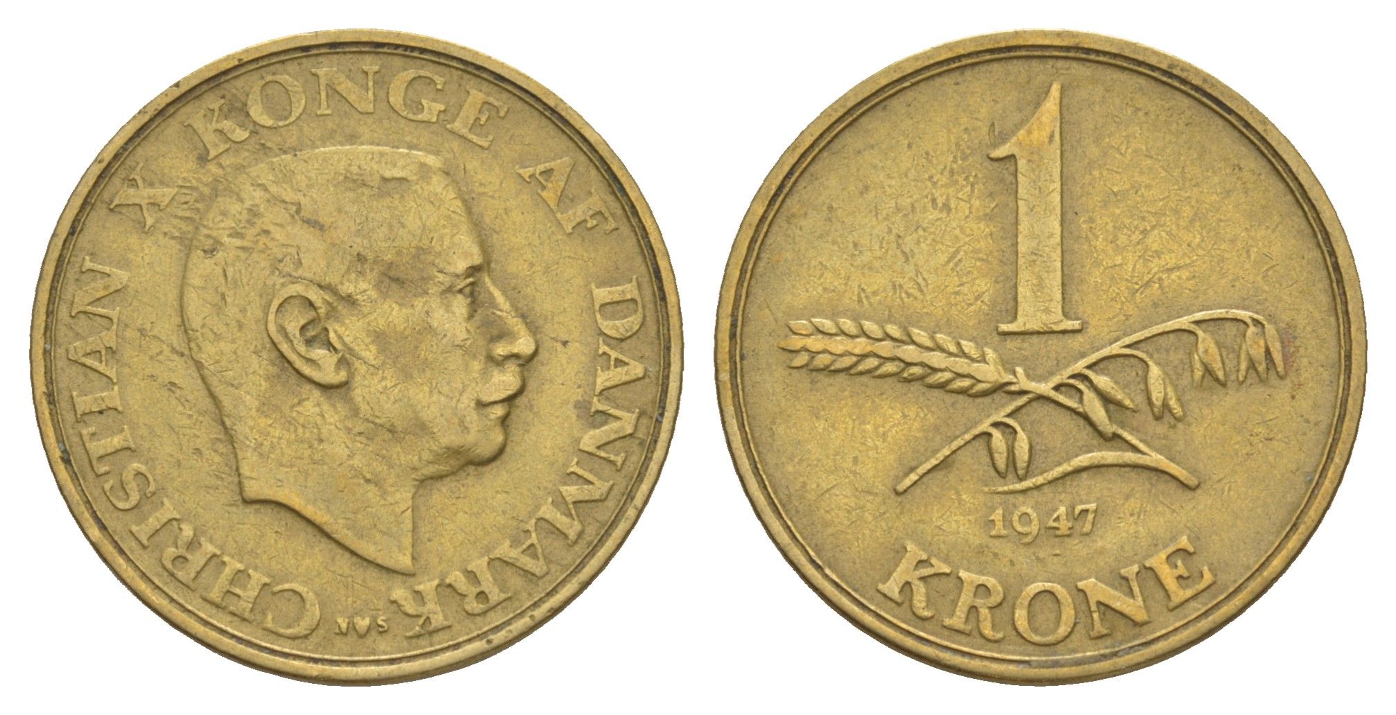 Дания 1 крона 1947 N, Кристиан X (1912-1947) KM 835 алюминиевая бронза 4638-655