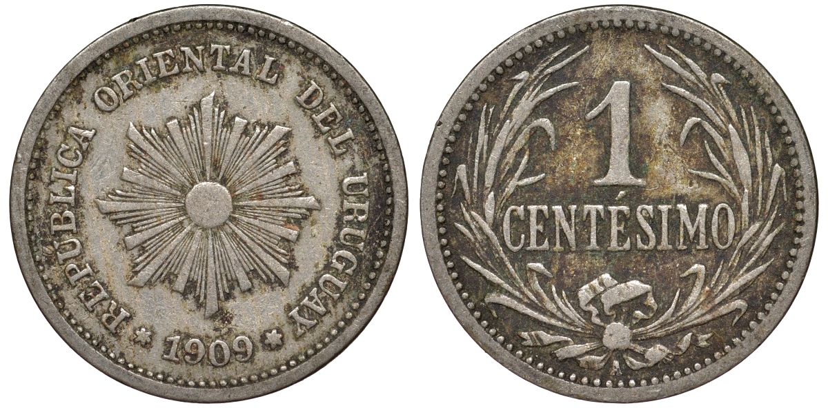 Уругвай 1 сентесимо 1909 KM 19 медно-никель 4169-566