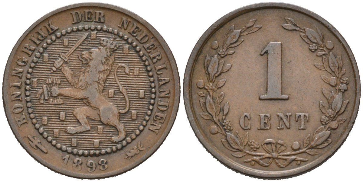 Нидерланды 1 цент 1898 Вильгельмина (1890-1948) KM 107 бронза 4576-629