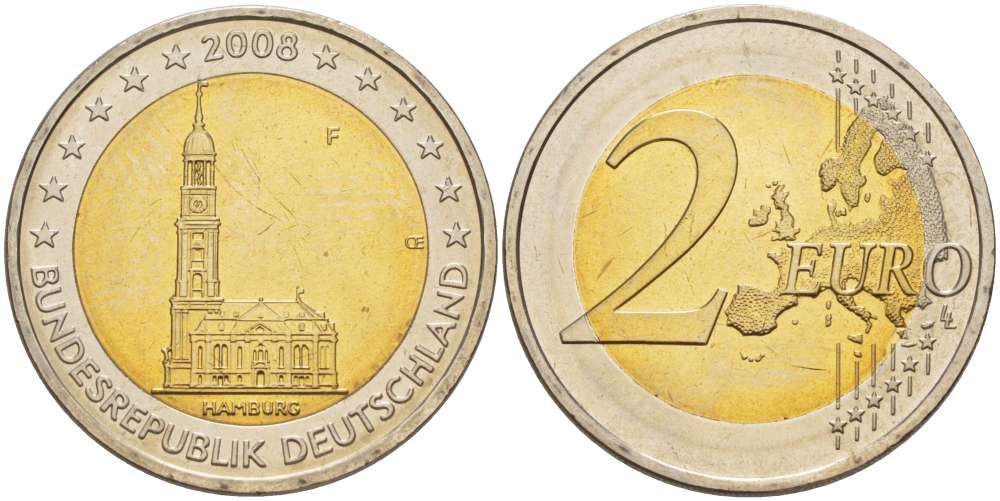 ФРГ 2 евро 2008 F, серия федеральные земли, церковь Св. Михаила в Гамбурге KM 261 биметалл UNC 4517-741