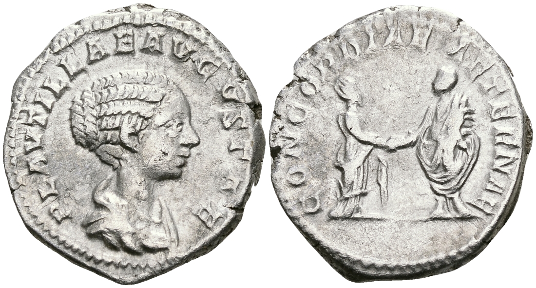 Римская Империя денарий 202 - 205 Плавтилла, жена Каракаллы CONCORDIAE AETERNAE император держит РУКУ императрицы Рим Good Very fine RIC 361 серебро 00-00-00